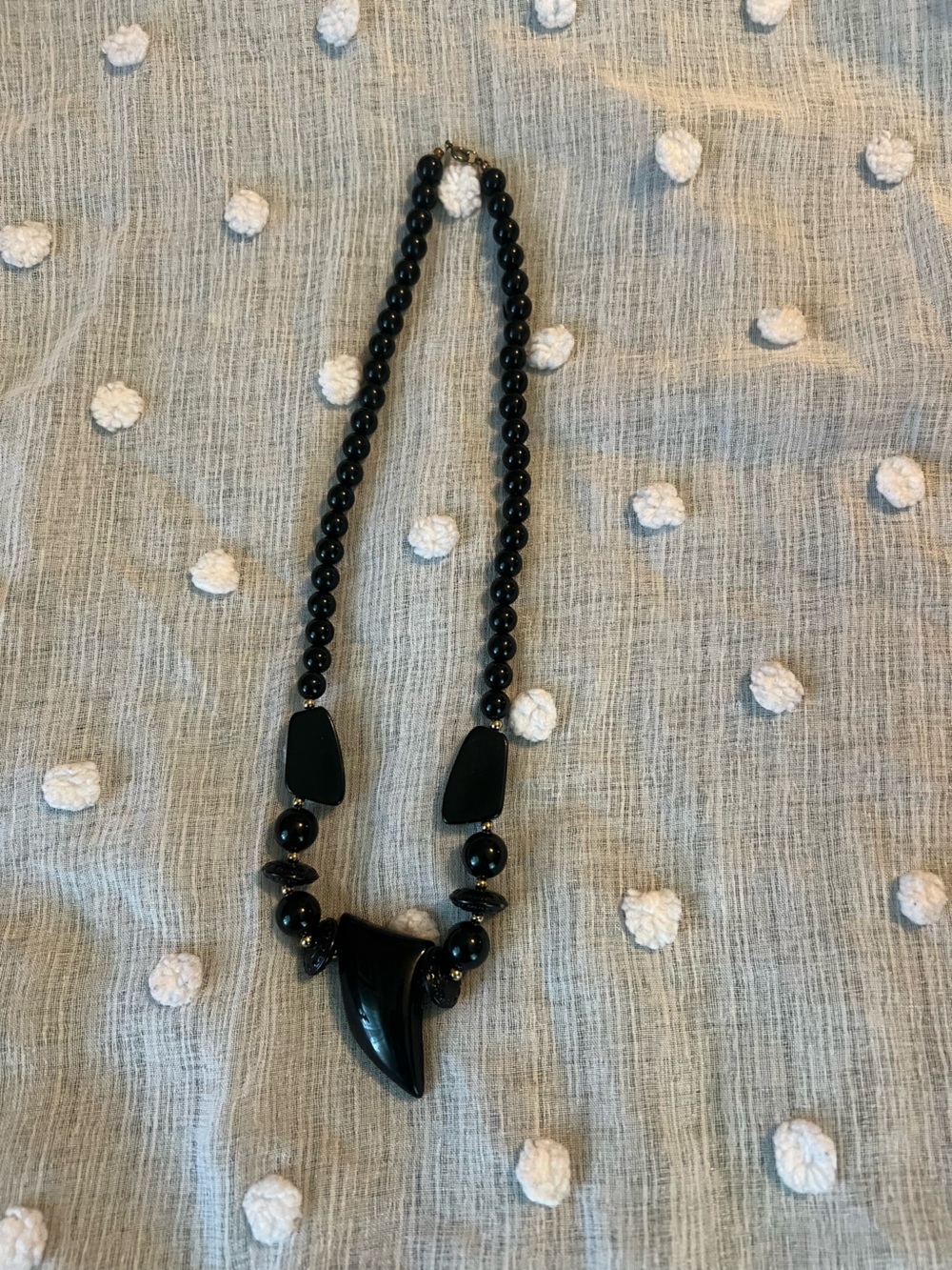 Black Beaded Statement Necklace with Horn Pendant